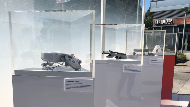 A Google retrospective exhibit on the history of gaming (as well as an empty case labeled ‘Coming Soon’) on display outside the Game Developers Conference in San Francisco on March 18, 2019.